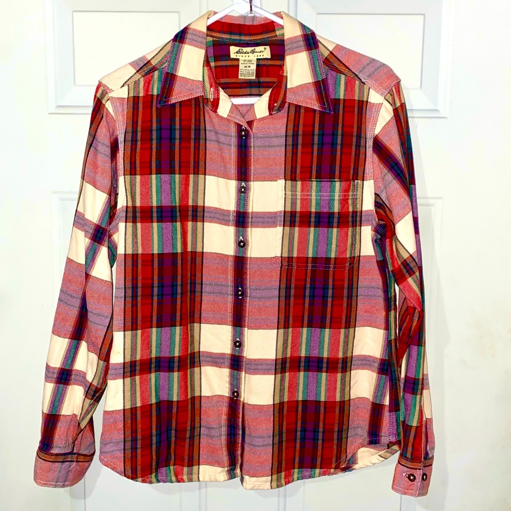 Eddie Bauer Red & Cream Plaid Button Down Women’s Medium